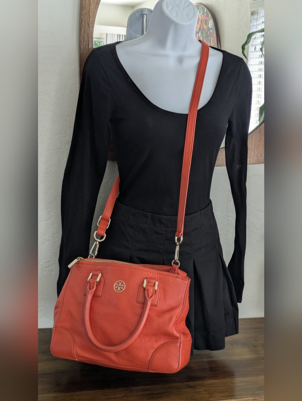 Tory Burch Robinson Red-Orange Leather Double Zipper Satchel Bag.